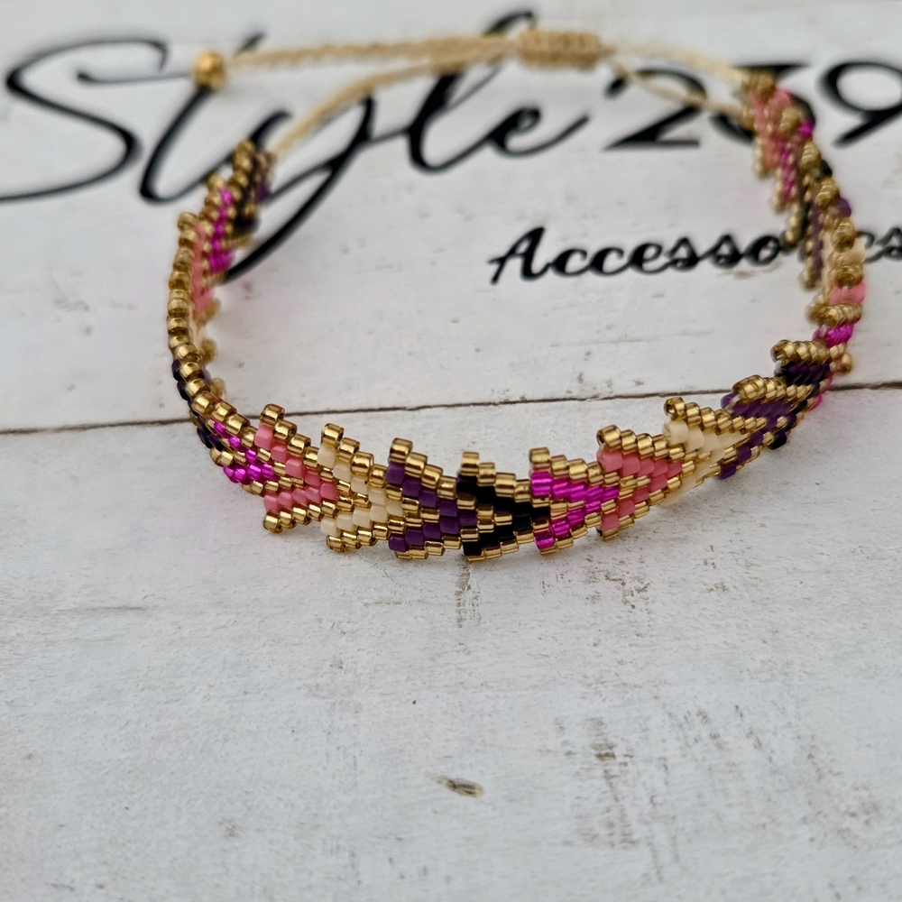 Miyuki Handwoven Gold, Pink & Purple  Adjustable Bracelet